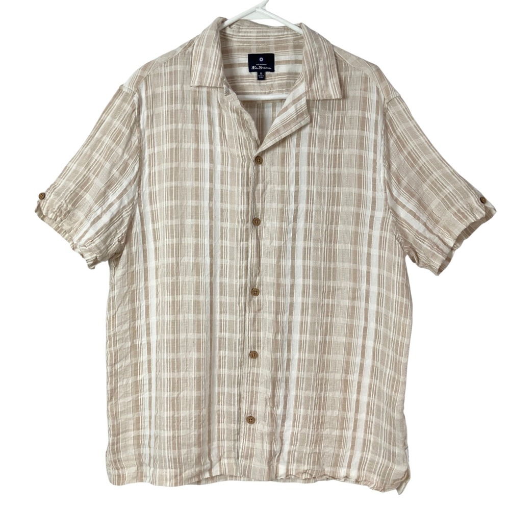 Ben Sherman Tan Plaid Button Up Shirt M Camp Collar Short Sleeve Cotton Textured